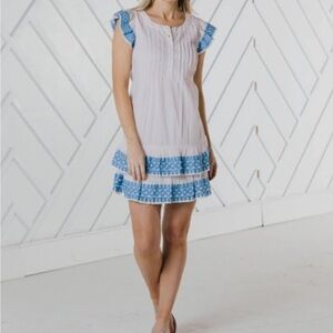 Sail to Sable Flutter Sleeve Dress in Blush Pink Blue Embroidered Ruffles Tiered